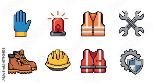 Pixel art safety equipment icons boots, helmet, vest, tools, shield