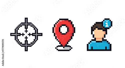 Pixel art icons target, location pin, and user information