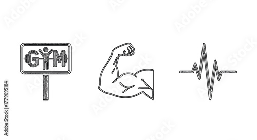 Minimalist gym icons muscle arm, heartbeat, and fitness sign