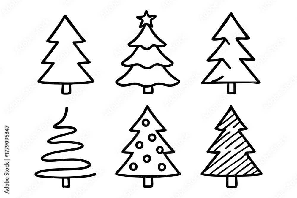 Obraz premium Christmas tree icon set doodle style. Vector stock illustration