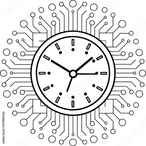 A clock face surrounded by a circuit board design with circles and lines in a black and white image