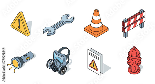 Set of isometric safety and construction icons with traffic cone and barrier