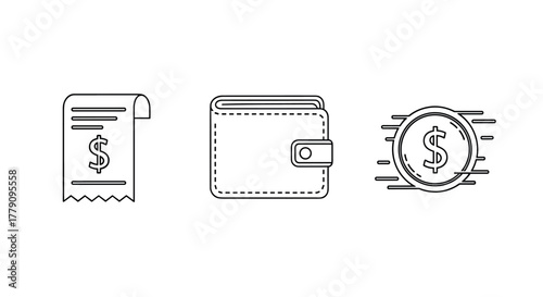 Minimalist money icons receipt, wallet, and coin in linear style