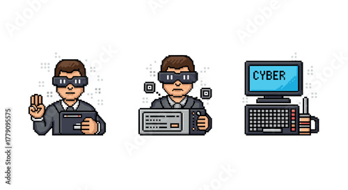 Pixel art cybersecurity analyst with computer and gadgets in three scenes