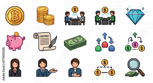 Financial icons cryptocurrency, business meetings, and investment symbols in pixel art style