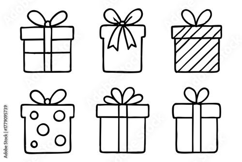 Different gift box icon set, hand drawn, doodle style. Vector stock illustration