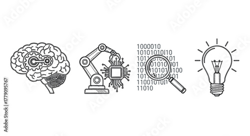 Innovative concepts brain mind gear, robotics arm, data search, idea lightbulb icons