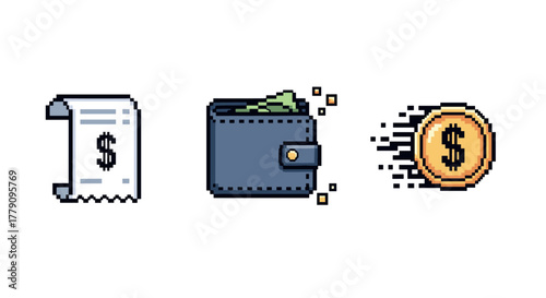 Pixel art financial icons receipt, wallet, fast money coin