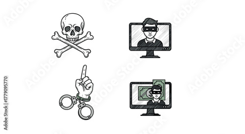 Cybercrime symbols skull, hacker, handcuffs, and computer with cash