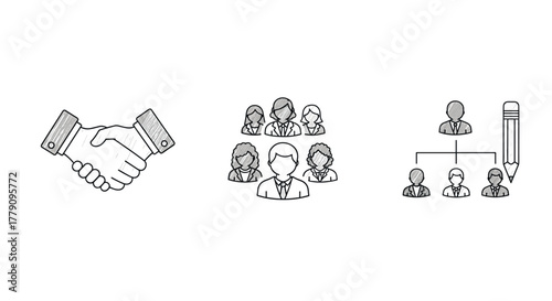 Hand drawn business concepts handshake, team, organizational chart