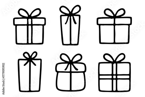 Different gift box icon set, hand drawn, doodle style. Vector stock illustration