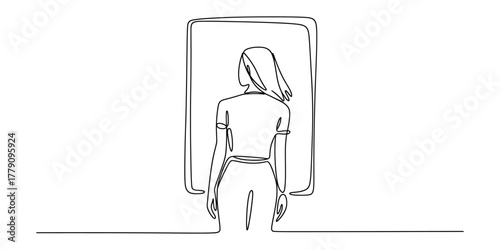Continuous line drawing of woman looking at a rectangular screen