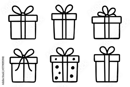 Different gift box icon set, hand drawn, doodle style. Vector stock illustration