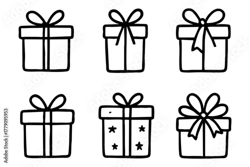 Different gift box icon set, hand drawn, doodle style. Vector stock illustration