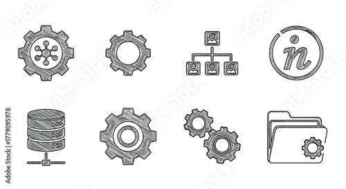 Hand drawn business icons set gears, network, data, and information symbols