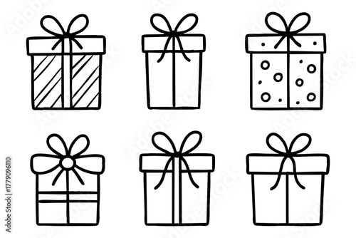 Different gift box icon set, hand drawn, doodle style. Vector stock illustration
