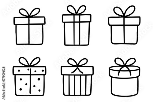 Different gift box icon set, hand drawn, doodle style. Vector stock illustration