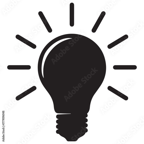 Black Light Bulb Icon with Radiating Rays on White Background