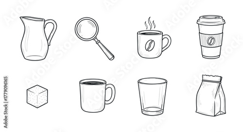 Hand drawn coffee icons cups, mugs, and accessories for cafes and kitchens