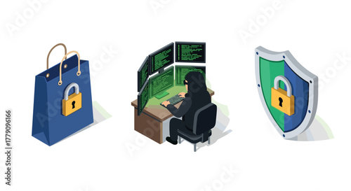 Cybersecurity concept secure online shopping and data protection with hacker in isometric style
