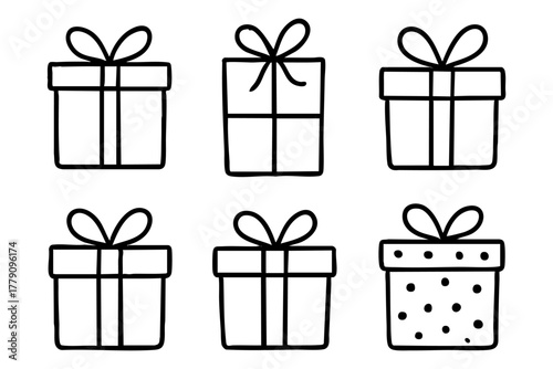 Different gift box icon set, hand drawn, doodle style. Vector stock illustration