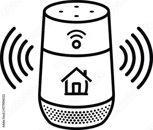 Illustration of a smart home device with wifi symbol and house icon in black and white outline
