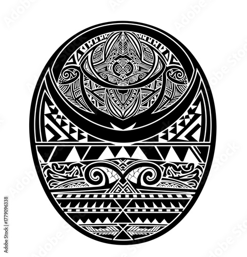 A striking black and white vector illustration of a Polynesian tribal tattoo, featuring symmetrical geometric shapes and cultural motifs within a bold oval frame