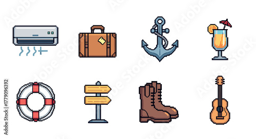 Pixel art travel icons vacation, adventure, and relaxation essentials
