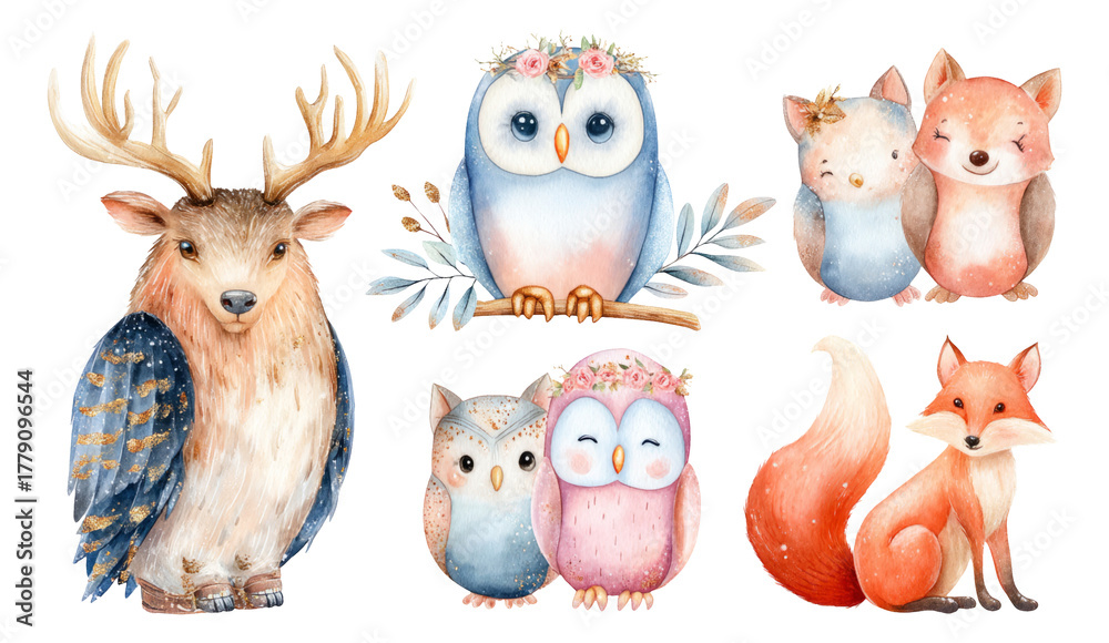 Fototapeta premium Colorful Watercolor Forest Animals Collection with Owl, Deer, and Fox