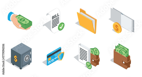 Isometric financial icons set currency, payments, security, and documents