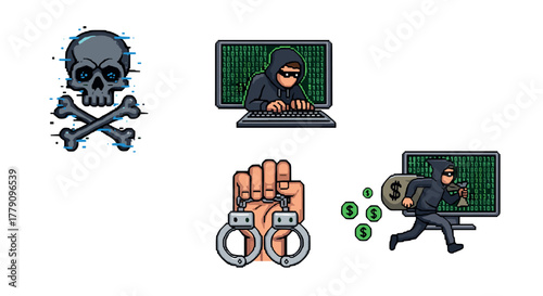 Hacker icons featuring skull, coder, thief, and handcuffs in pixel art style