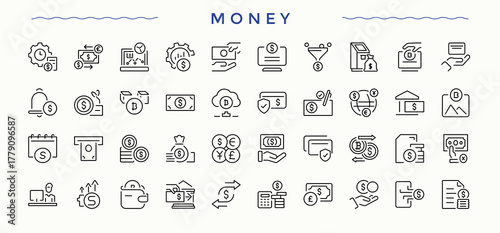 Money modern icon set. Included credit, cash, currency, finance, wealth, wallet, dollar and more. Icons for UI design. Vector illustration. Banking vector icon set.