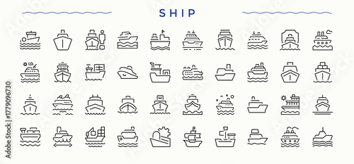 Ship line icon set. Minimalist vector collections. Pictogram and infographic. Shipping vector icon set. Pictograms of shipping, sailboat, nautical, vacation, sail and more.