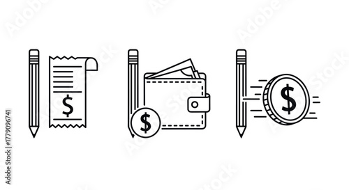 Finance icons linear wallet, receipt, and coin with pencil design