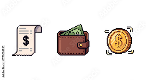 Pixel art financial icons receipt, wallet, and coin set for digital use