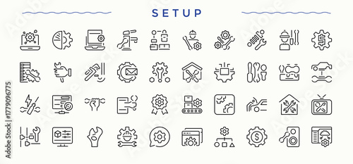 Setup and Setting icon set. Cog line icon set. Containing repair, install, system, cog, machine, customize and more. Editable vector art.
