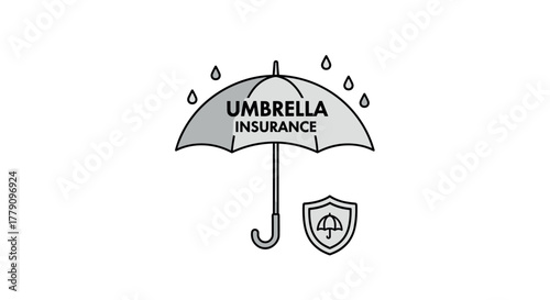 Umbrella insurance concept with shield and raindrops in linear design
