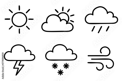 Weather icon set, hand drawn, doodle style. Vector stock illustration