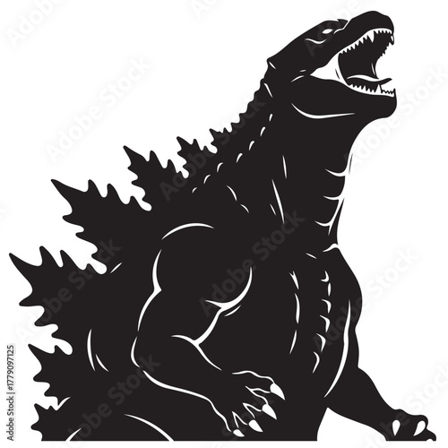 Dynamic Black Silhouette of a Roaring Fantasy Beast with Spiked Back