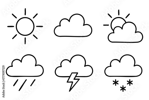 Weather icon set, hand drawn, doodle style. Vector stock illustration