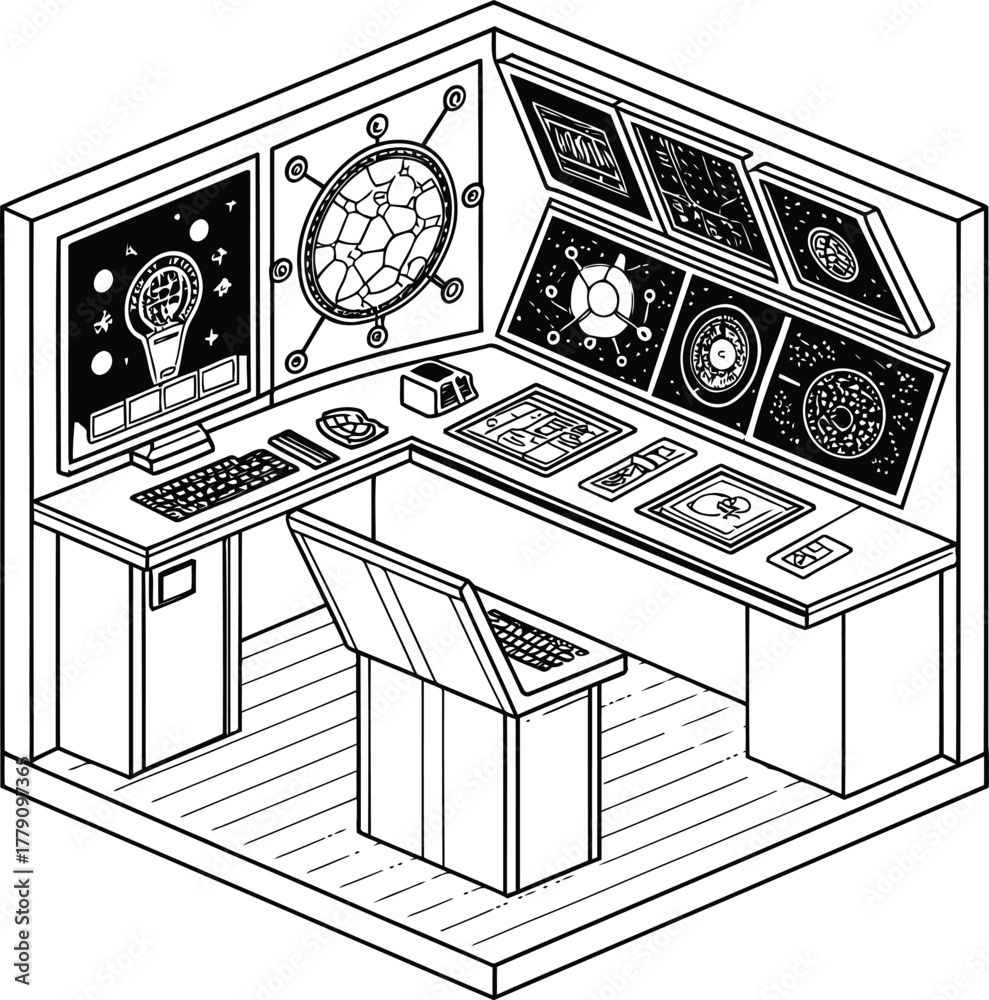 Fototapeta premium Isometric view of a futuristic control room with screens and consoles in black and white outline