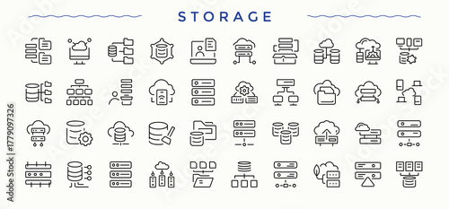 Storage icon set. Database thin line icons set. Vector icons collection. Server vector line icon set. Art and illustration.