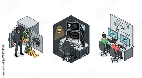 Isometric cybercrime scenes highlighting hacking and security breaches