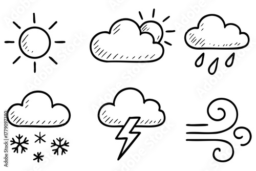 Weather icon set, hand drawn, doodle style. Vector stock illustration
