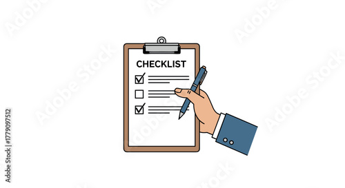 Hand holding checklist with pen icon on clip board for tasks and organization