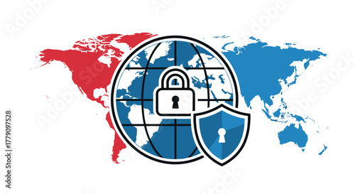 Global cybersecurity concept with lock and shield on world map background