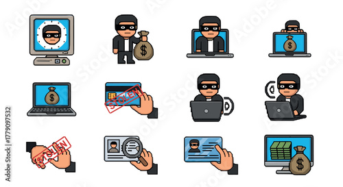 Pixel art cybersecurity icons laptop security, hacker awareness, online safety