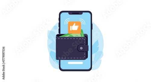 Digital wallet with cash and thumb up icon on smartphone screen