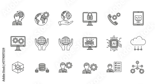 Minimalist technology icons ai, cybersecurity, global network, and cloud computing