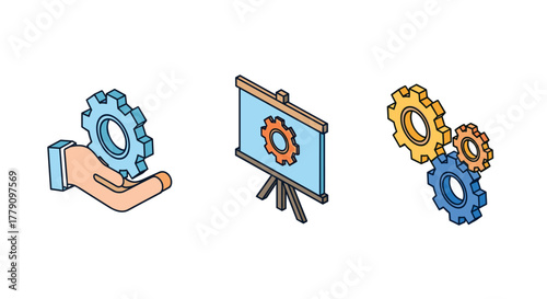 Isometric gear and hand, presentation board with gears, gear cluster design elements